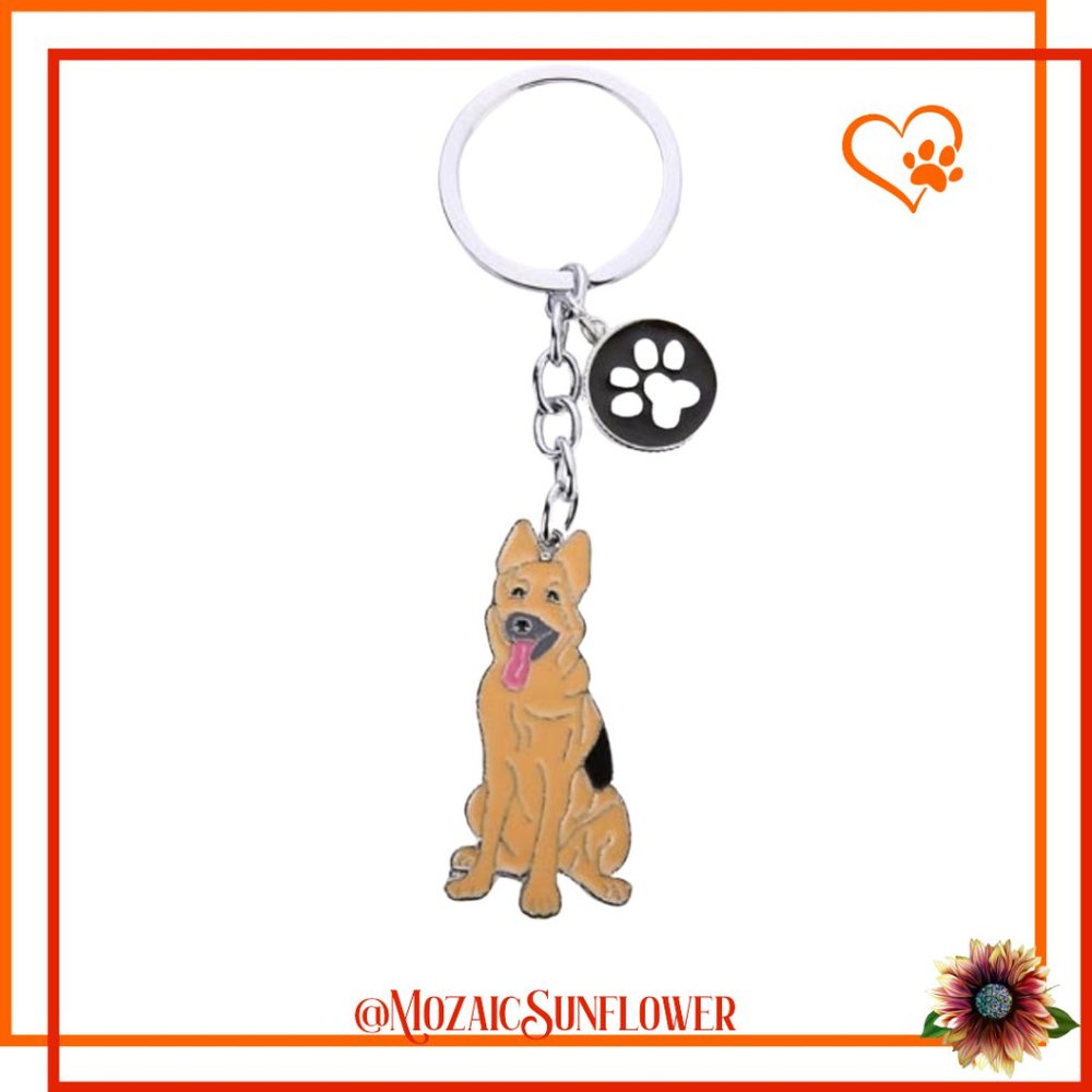 German Shepherd Dog Breed Metal Enamel Keychain With Paw Charm NWT
